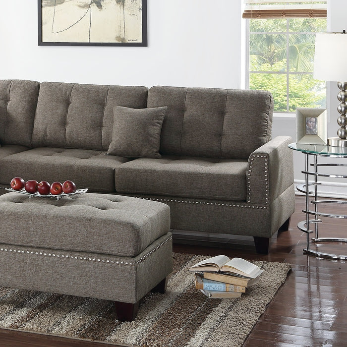 3-Piece Modern Coffee Color Sectional Living Room Furniture Set with Reversible Chaise, Sofa and Ottoman, Tufted Polyfiber Linen-Like Fabric, Cushion Couch Pillows