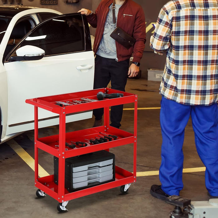 Tool Cart on Wheels, 3 Tier Rolling Mechanic Tool Cart, Heavy Duty Steel Utility Cart w/Lockable Wheels, 450 LBS Capacity Industrial Service Cart for Garage, Warehouse, Workshop (Bright Red)