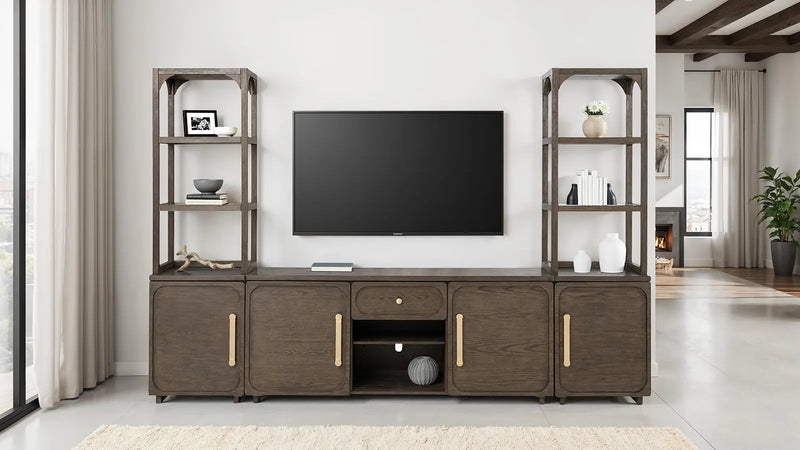 Transitional Style Entertainment Center Left And Right Pier Base Hutch Gold handles And Knob Recessed Panels Dark Walnut Finish Glass House Furnishings