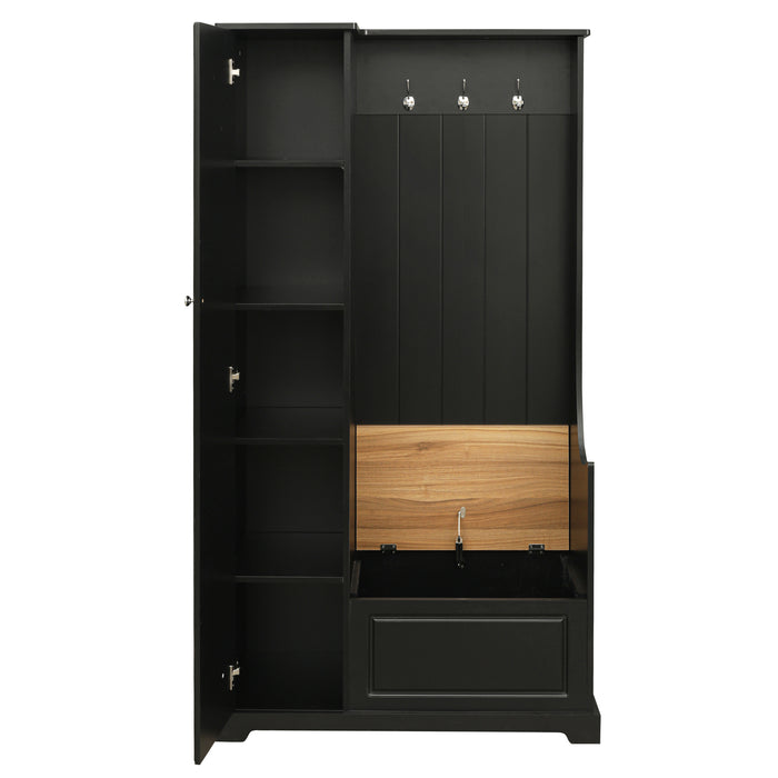 ON-TREND Stylish Design Hall Tree with Flip-Up Bench, Minimalist Hallway Shoe Cabinet with Adjustable Shelves, Multifunctional Furniture with Hanging Hooks for Entryways, Mudroom, Black