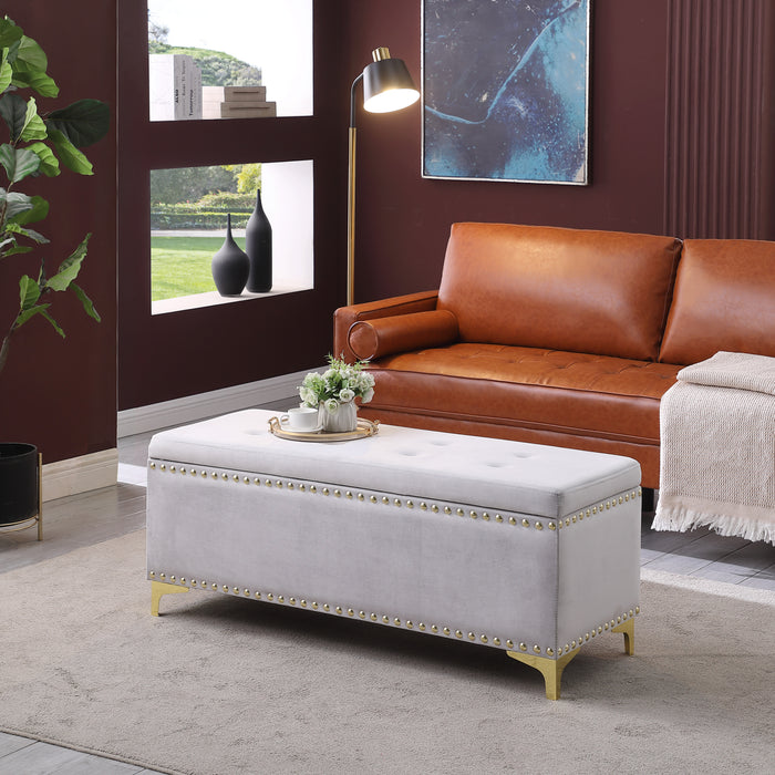 Large Storage Benches Set, Nailhead Trim 2 in 1 Combination Benches, Tufted Velvet Benches with Gold Leg for Living Room, Entryway, Hallway, Bedroom, Light Gray; Support 250 lbs