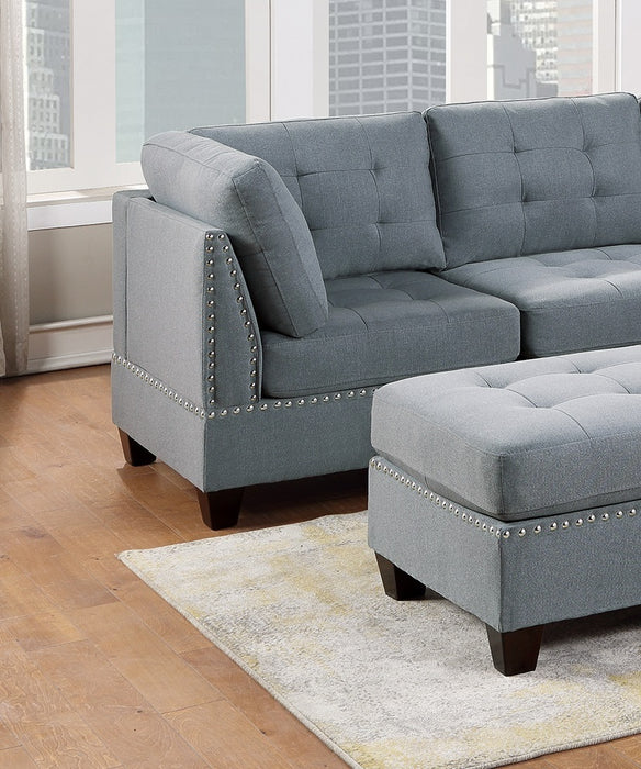 Modular Sectional 6pc Set Living Room Furniture L-Sectional Gray Linen Like Fabric Tufted Nail heads 2x Corner Wedge 2x Armless Chairs and 2x Ottomans