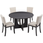 47.3' Round Dining Set with 4 Upholstered Dining Chairs, Modern Round Dining Table Set for 4, 5-Piece Round Dining Table Set for Living Room, Kitchen, Antique Black & Beige Glass House Furnishings