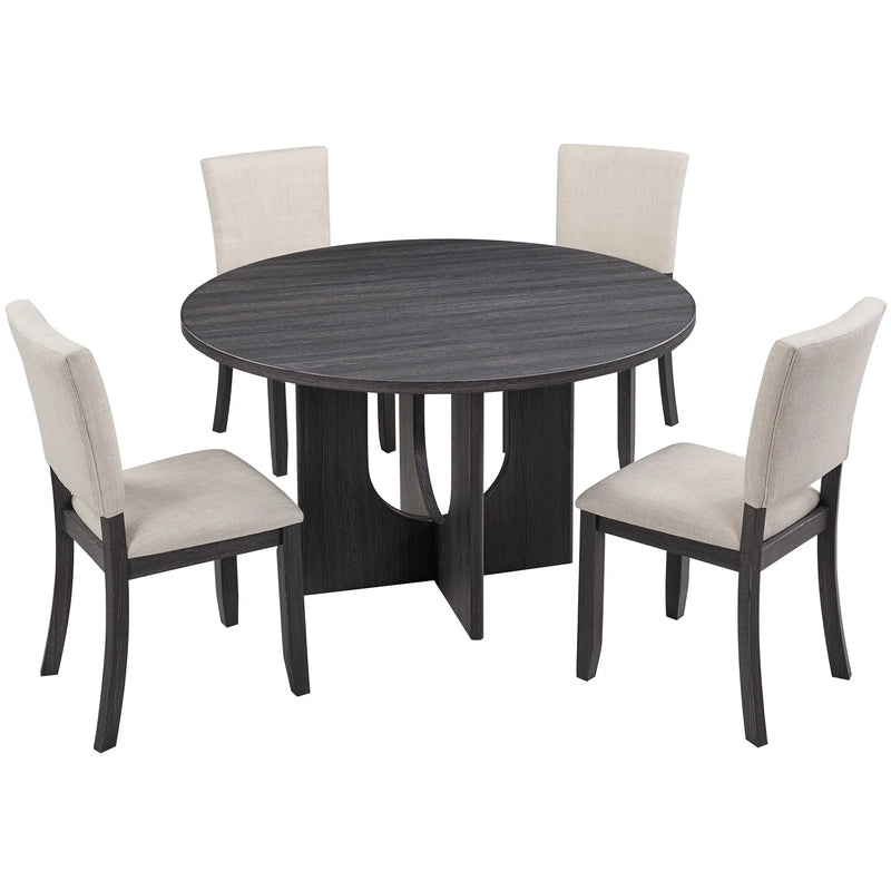 47.3' Round Dining Set with 4 Upholstered Dining Chairs, Modern Round Dining Table Set for 4, 5-Piece Round Dining Table Set for Living Room, Kitchen, Antique Black & Beige Glass House Furnishings