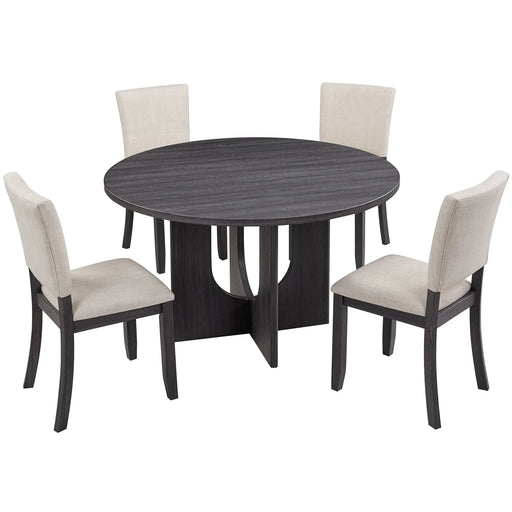 47.3' Round Dining Set with 4 Upholstered Dining Chairs, Modern Round Dining Table Set for 4, 5-Piece Round Dining Table Set for Living Room, Kitchen, Antique Black & Beige Glass House Furnishings