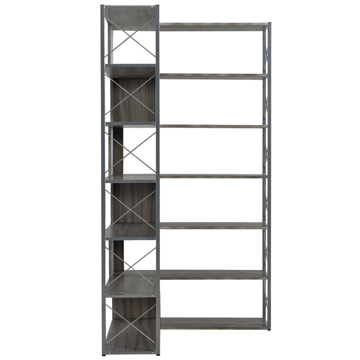 7-Tier L-Shaped Corner Bookcase, Industrial Style with Metal Frame and Open Storage Shelves, Perfect for Home Office - MDF Board, Silver + Grey