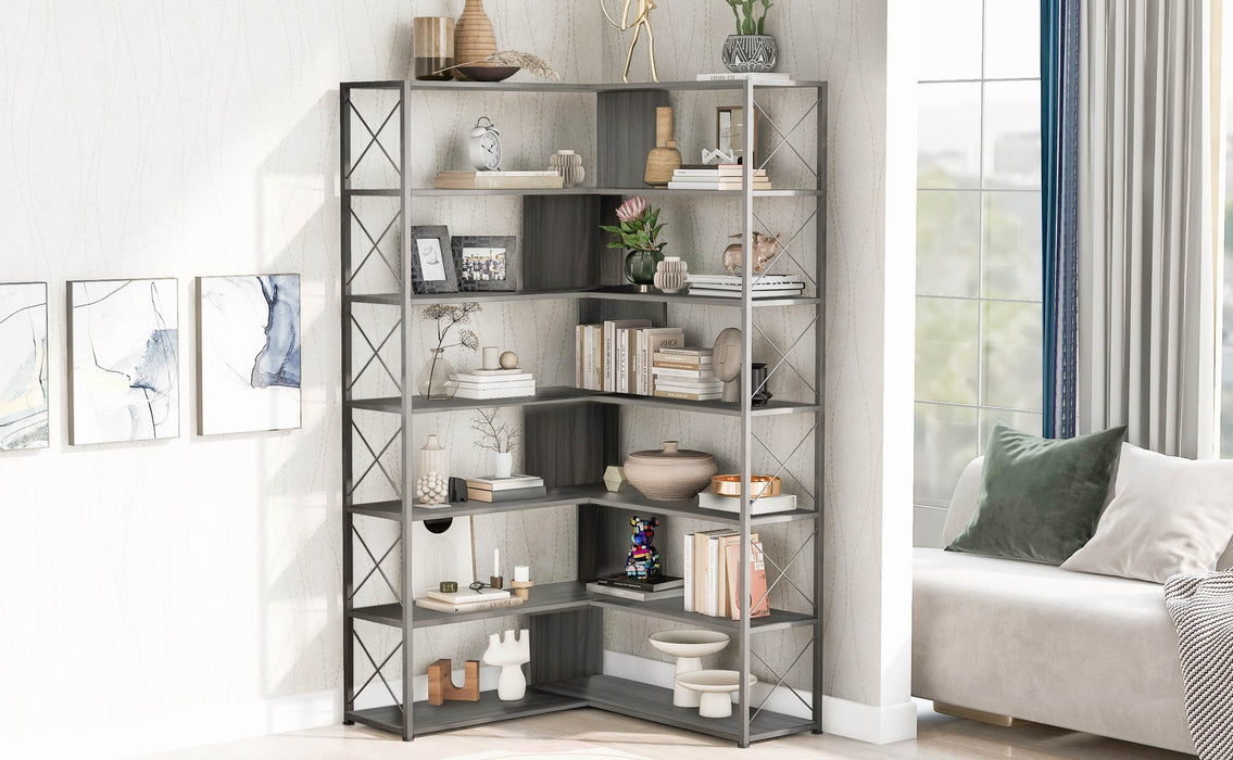 7-Tier L-Shaped Corner Bookcase, Industrial Style with Metal Frame and Open Storage Shelves, Perfect for Home Office - MDF Board, Silver + Grey