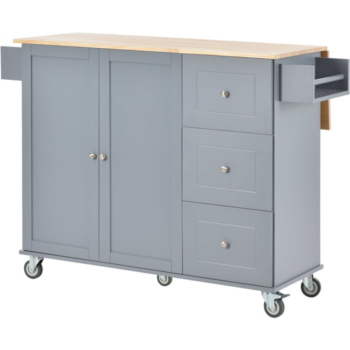 Rolling Mobile Kitchen Island with Solid Wood Top and Locking Wheels, 52.7 Inch Width, Storage Cabinet and Drop Leaf Breakfast Bar, Spice Rack, Towel Rack & Drawer - Grey Blue