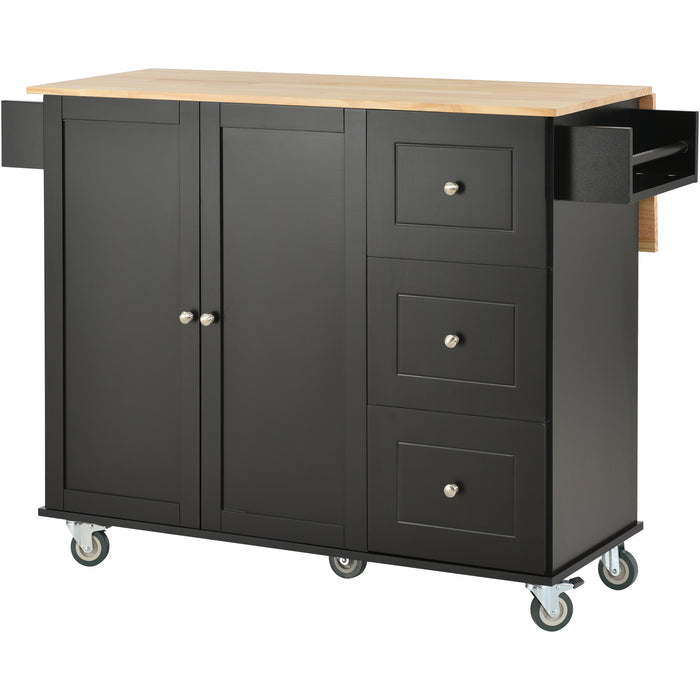 Rolling Mobile Kitchen Island with Solid Wood Top and Locking Wheels, with 52.7 Inch Width, Storage Cabinet, and Drop Leaf Breakfast Bar, including Spice Rack, Towel Rack & Drawer, Black