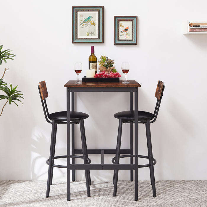 Bar Table Set With 2-Bar Stools, PU Soft Seat With Backrest, Rustic Brown, 23.62'' W x 23.62'' D x 35.43'' H