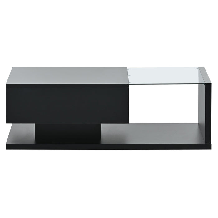 [VIDEO provided] ON-TREND Modern Coffee Table with Tempered Glass, Wooden Cocktail Table with High-gloss UV Surface, Modernist 2-Tier Rectangle Center Table for Living Room, Black