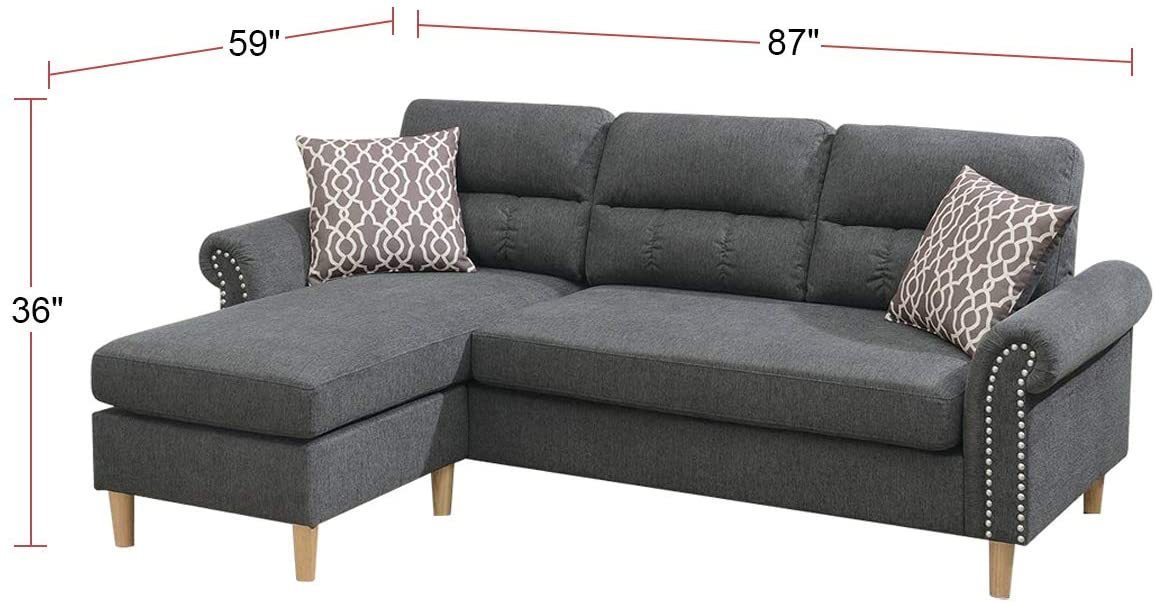 Slate Polyfiber Reversible Sectional Sofa Set with Chaise, Pillows, Plush Cushion, Couch Nailheads