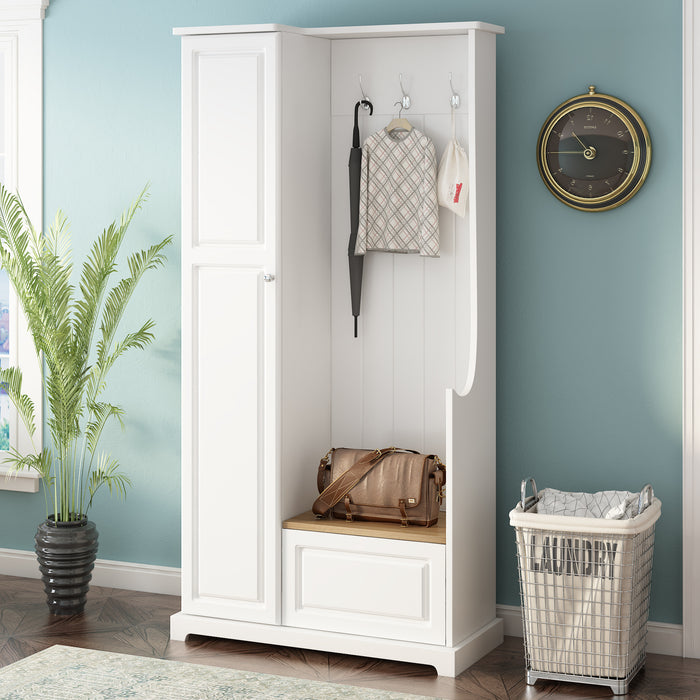 ON-TREND Stylish Design Hall Tree with Flip-Up Bench, Minimalist Hallway Shoe Cabinet with Adjustable Shelves, Multifunctional Furniture with Hanging Hooks for Entryways, Mudroom, White