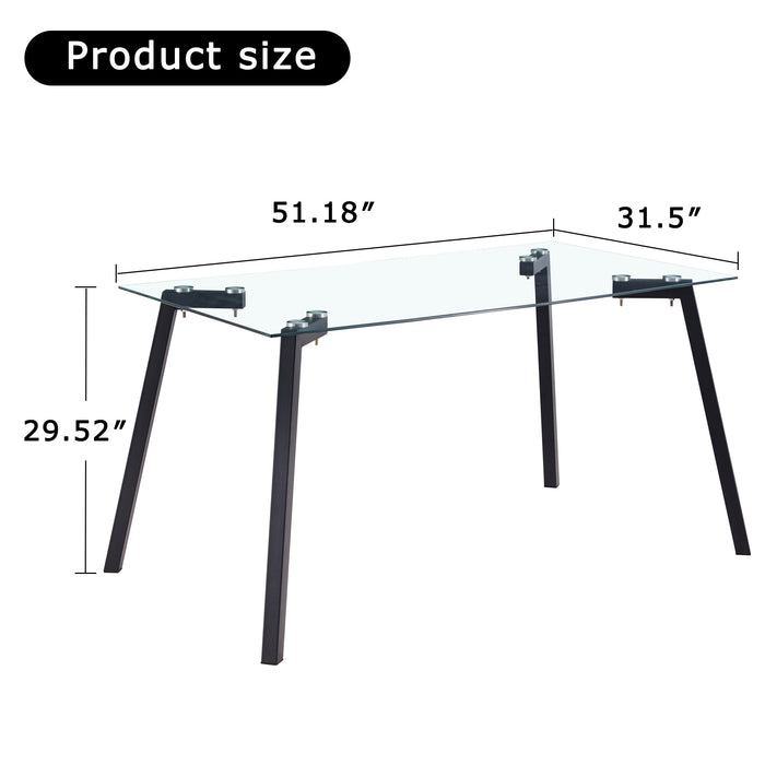 Table and chair set, transparent glass tabletop and black metal table legs, transparent plastic backrest cushion and black metal chair legs, one table with four chairs.DRT-1123  TW-1200