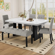 6 Piece Modern Dining Table Set, 63' Faux Marble Dining Table with Geometric Legs & 4 Upholstered Chairs & 1 Bench, Suitable for Dining Kitchen Room,Easy to Assemble, White+Gray Glass House Furnishings