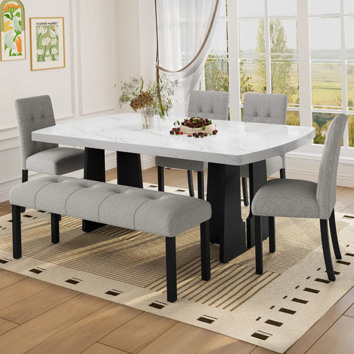 6 Piece Modern Dining Table Set, 63' Faux Marble Dining Table with Geometric Legs & 4 Upholstered Chairs & 1 Bench, Suitable for Dining Kitchen Room,Easy to Assemble, White+Gray Glass House Furnishings