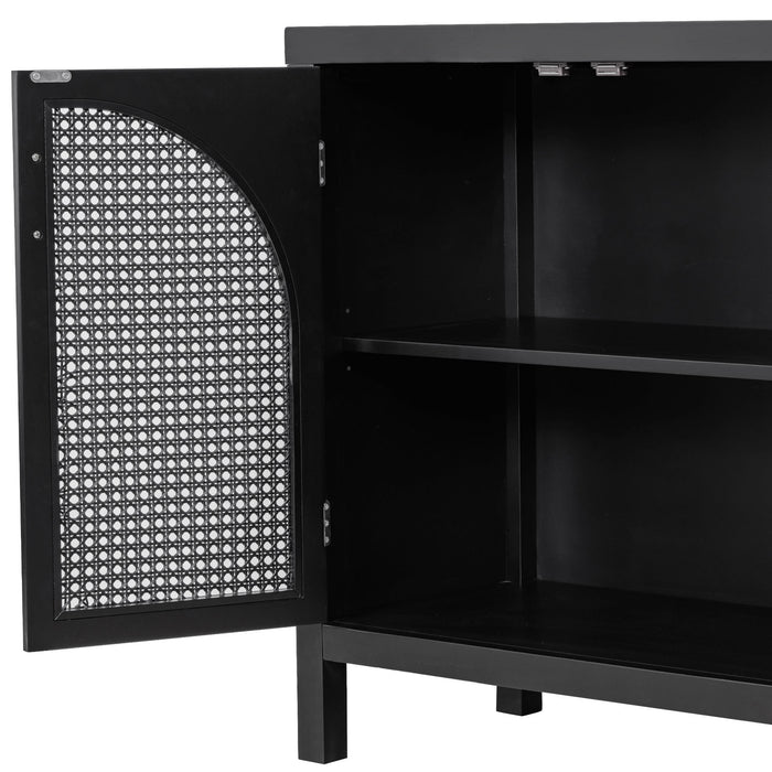 TREXM Large Storage Space Sideboard with Artificial Rattan Door and Metal Handles for Living Room and Entryway (Black)