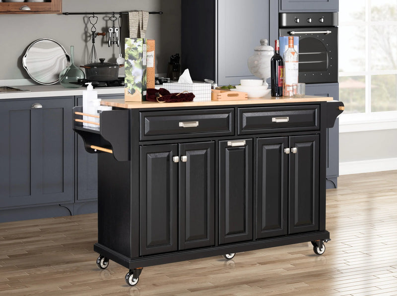 Kitchen Island with Rubber wood Countertop, Kitchen Cart on 5 Wheels with Storage Cabinet and 2 Top Drawers and A center double layered storage drawer for Dinning Room, Black Glass House Furnishings
