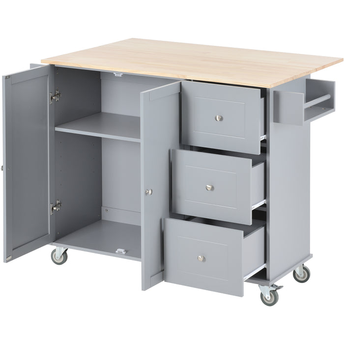 Rolling Mobile Kitchen Island with Solid Wood Top and Locking Wheels, 52.7 Inch Width, Storage Cabinet and Drop Leaf Breakfast Bar, Spice Rack, Towel Rack & Drawer - Grey Blue