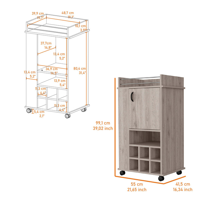 Allandale 1-Door Bar Cart With Wine Rack & Casters Light Gray