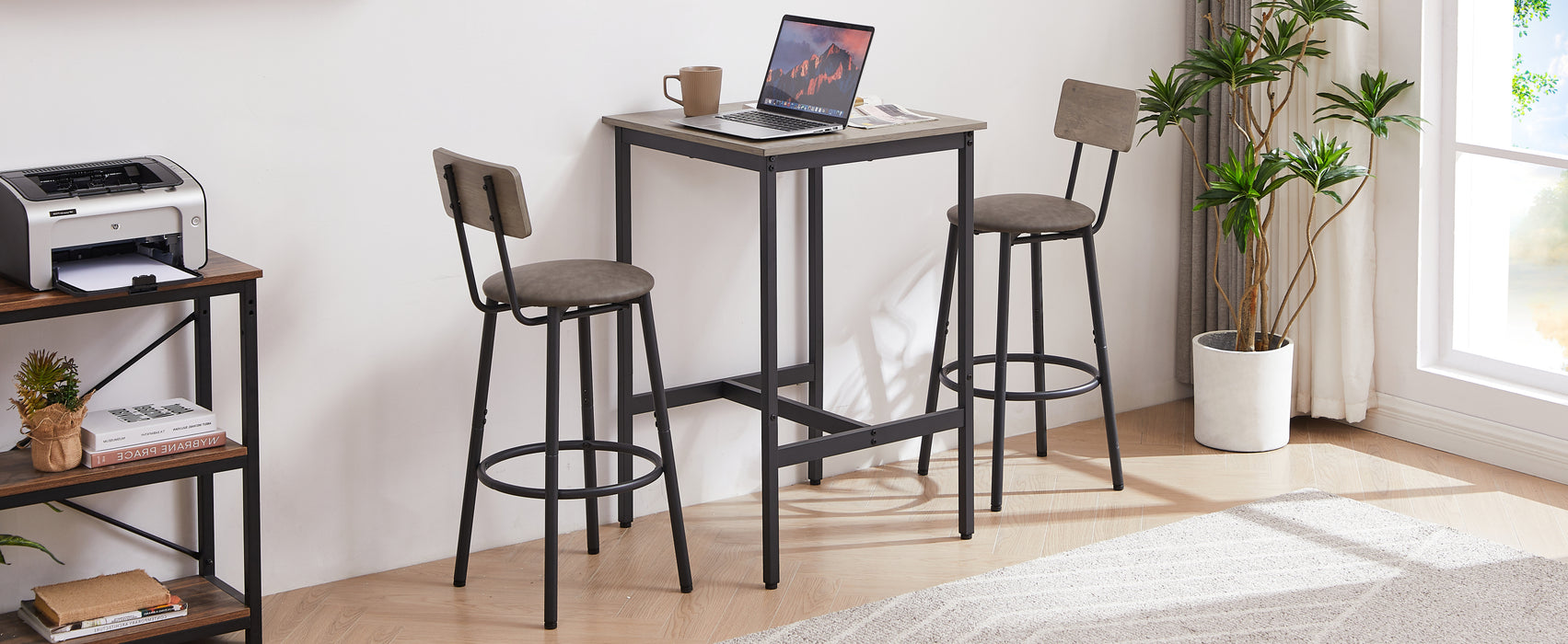 Bar Table Set With 2-Bar Stools, PU Soft Seat With Backrest, Grey, 23.62'' W x 23.62'' D x 35.43'' H