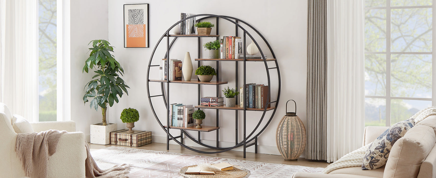 Round 5-Tier Metal Plant Stand bookcase storage rack, Indoor Living Room Terrace Garden Balcony Display Stand. Rustic Brown, 67'' W x 11.8'' D x 67'' H.