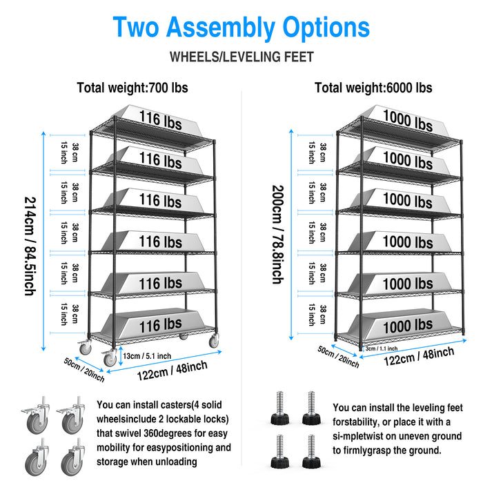 6 Tier Wire Shelving Unit, 6000 LBS NSF Height Adjustable Metal Garage Storage Shelves with Wheels, Heavy Duty Storage Wire Rack Metal Shelves - Black - 204882