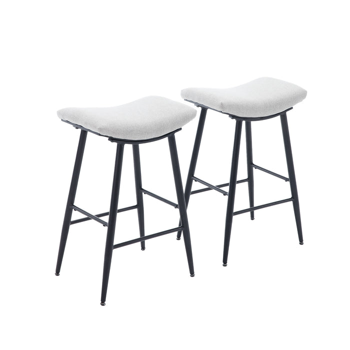 Armless Counter Low Bar Stools, Modern Linen Fabric With Metal Leg & Footrest, Set of 2, Beige Gray + Pale Blue