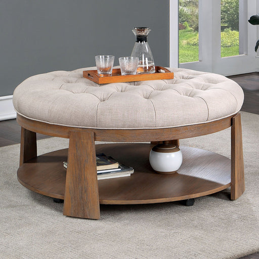 Camden Natural Wood and Beige Tufted Ottoman with Shelf Glass House Furnishings