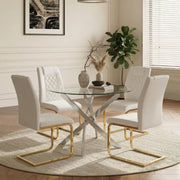 Round Glass Dining Table Set for 4, 35.5' Glass Dining Table with Gold Legs, Modern Kitchen Table for Home Kitchen(silver table and gold chairs) Glass House Furnishings