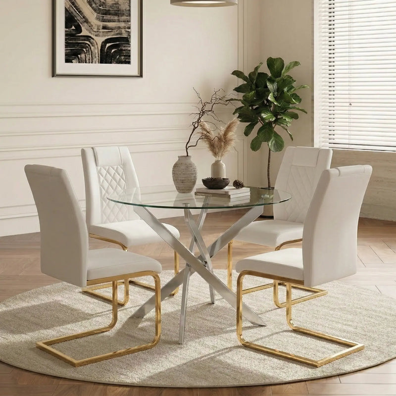 Round Glass Dining Table Set for 4, 35.5' Glass Dining Table with Gold Legs, Modern Kitchen Table for Home Kitchen(silver table and gold chairs) Glass House Furnishings