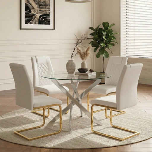 Round Glass Dining Table Set for 4, 35.5' Glass Dining Table with Gold Legs, Modern Kitchen Table for Home Kitchen(silver table and gold chairs) Glass House Furnishings