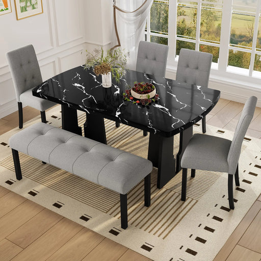 6 Piece Modern Dining Table Set, 63' Faux Marble Dining Table with Geometric Legs & 4 Upholstered Chairs & 1 Bench, Suitable for Dining Kitchen Room,Easy to Assemble, Black + Gray Glass House Furnishings