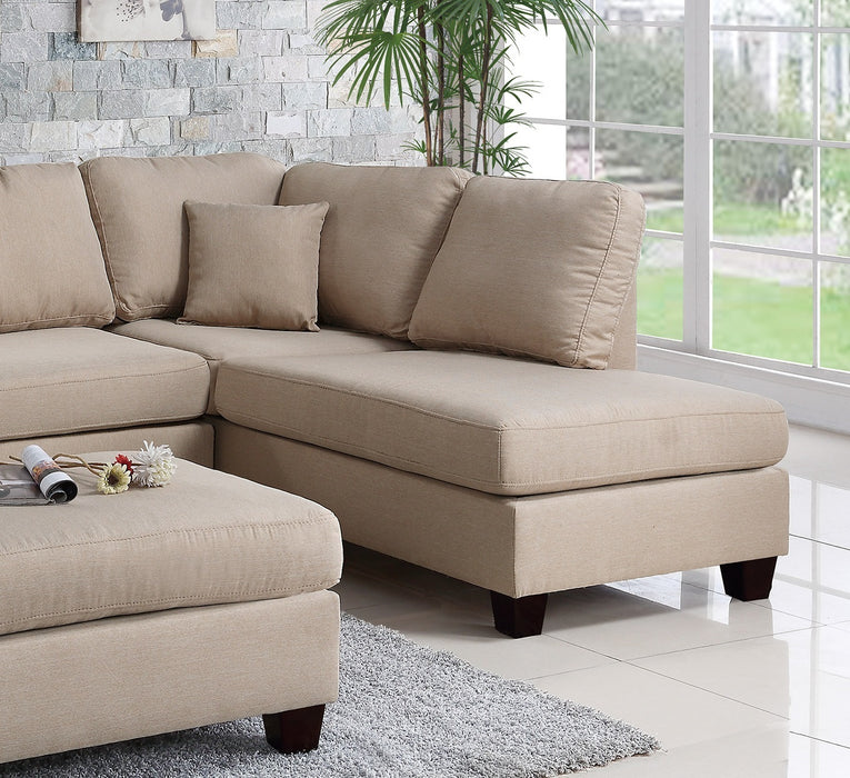 3-Piece Sectional Living Room Furniture Set with Reversible Chaise Sofa, Ottoman, and Polyfiber Linen-Like Fabric Cushion Couch, Sand Color