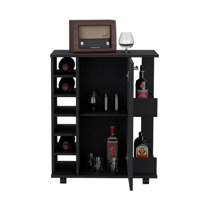 Bar Cart with Six-Wine Cubbies Cabot, Two-Side Storage Shelves and Casters, Black Wengue Finish