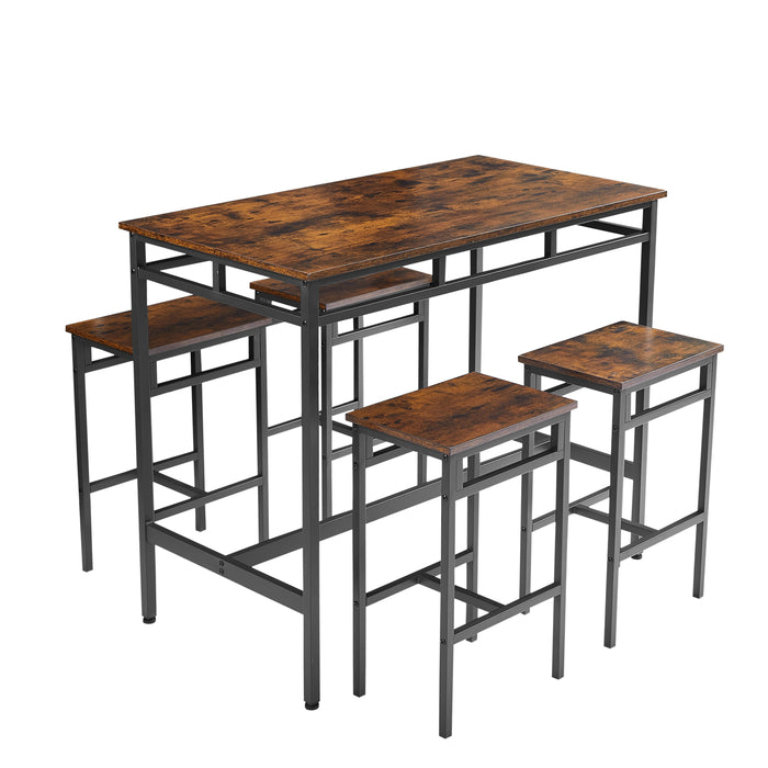 5-Piece Dining Bar Table Set With High Stools, Structural Strengthening, Industrial Style, Rustic Brown, 43.31'' L x 23.62'' W x 35.43'' H