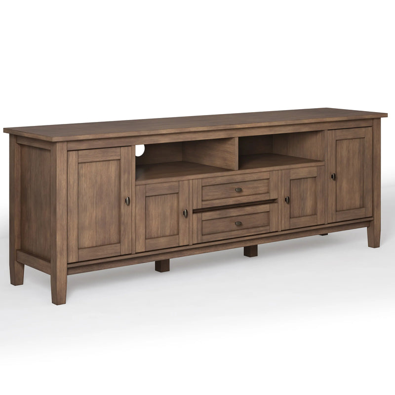 Warm Shaker 72 inch Wide Solid Wood TV Stand in Rustic Natural Aged Brown for TVs up to 80 inches Glass House Furnishings