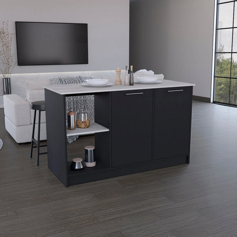 Kitchen Island with Large Countertop, Open Storage Shelves and Double Door Cabinet, Black / Onyx Glass House Furnishings