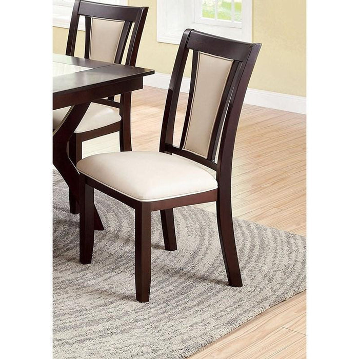 Set of 2 Solid Wood Side Chairs With Padded Leatherette Upholstered Seats - Contemporary Kitchen Dining Room Furniture, Dark Cherry & Ivory