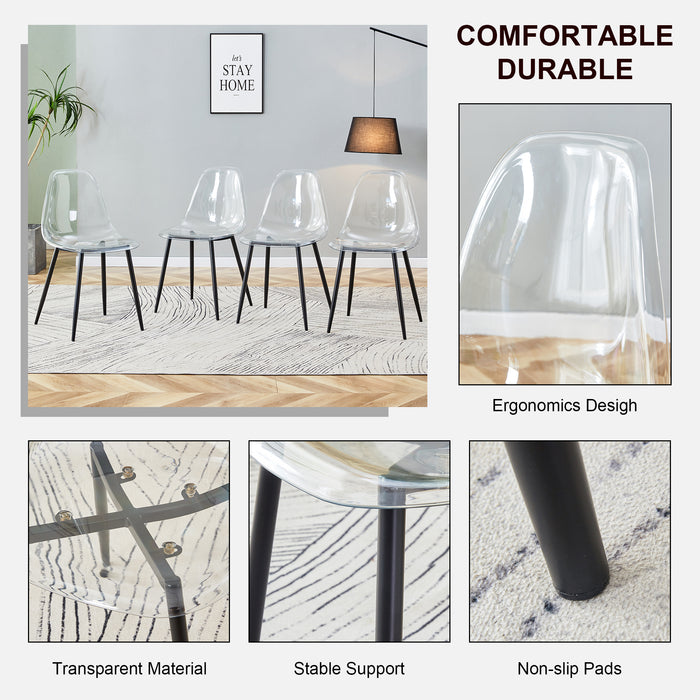 Table and chair set, transparent glass tabletop and black metal table legs, transparent plastic backrest cushion and black metal chair legs, one table with four chairs.DRT-1123  TW-1200