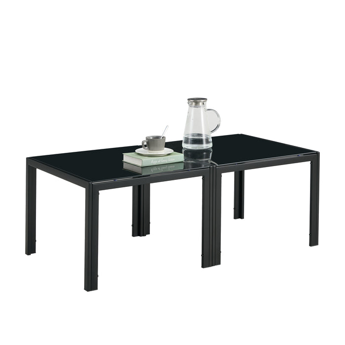 Modern Square Coffee Table, Set of 2 With Tempered Glass Finish For Living Room - Black