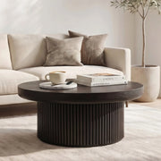 33.5'' Round Fluted Coffee Table with Real Wood Parquet Pattern Top & Cylindrical Base, Thickened Tabletop, Mid-Century Modern Circle Cocktail Table for Living Room, Small Space, Black Glass House Furnishings