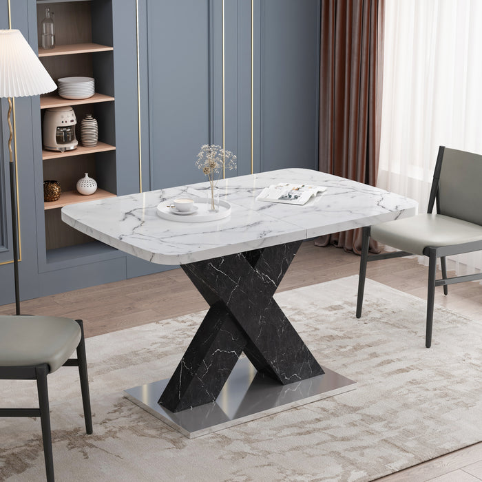 Modern Square Dining Table, Stretchable, White Marble Table Top+MDF Black X-Shape Table Leg with Metal Base