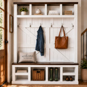 Hawthorne Farmhouse Hall Tree with Bench, Hooks, and Cubbies Glass House Furnishings