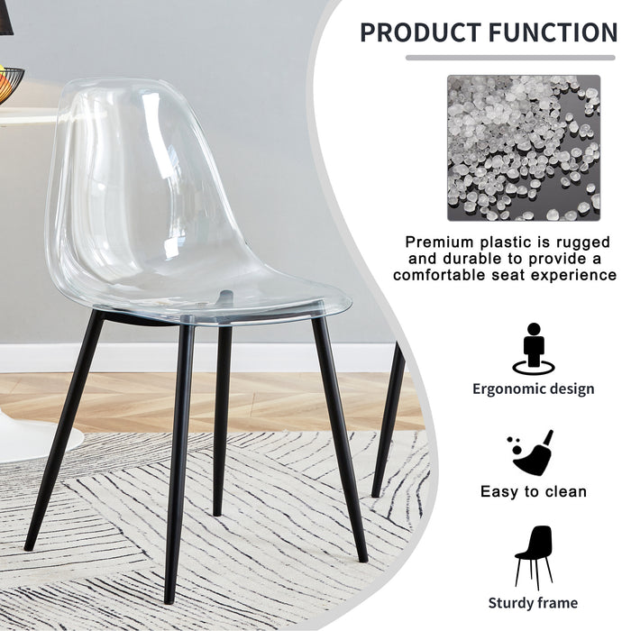 Table and chair set, transparent glass tabletop and black metal table legs, transparent plastic backrest cushion and black metal chair legs, one table with four chairs.DRT-1123  TW-1200