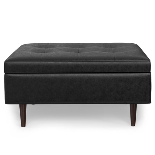 Shay Distressed Black Mid-Century Coffee Table Storage Ottoman Glass House Furnishings