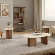 Contemporary Style 3pc Table Set 1x Coffee Table 2x End Table Yellow Travertine/Brown Oak Finish Organic Shape Living Room Furniture Glass House Furnishings