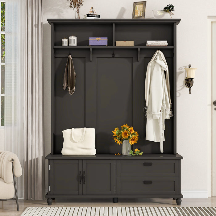 ON-TREND Modern Style Hall Tree with Storage Cabinet and 2 Large Drawers, Widen Mudroom Bench with 5 Coat Hooks, Black