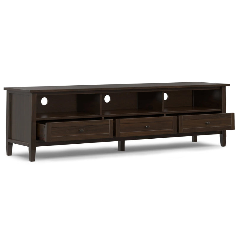 Warm Shaker 72 inch Wide Solid Wood Low TV Stand in Tobacco Brown for TVs up to 80 inches Glass House Furnishings