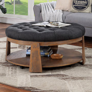Camden Natural and Dark Gray Tufted Ottoman with Open Shelf Glass House Furnishings